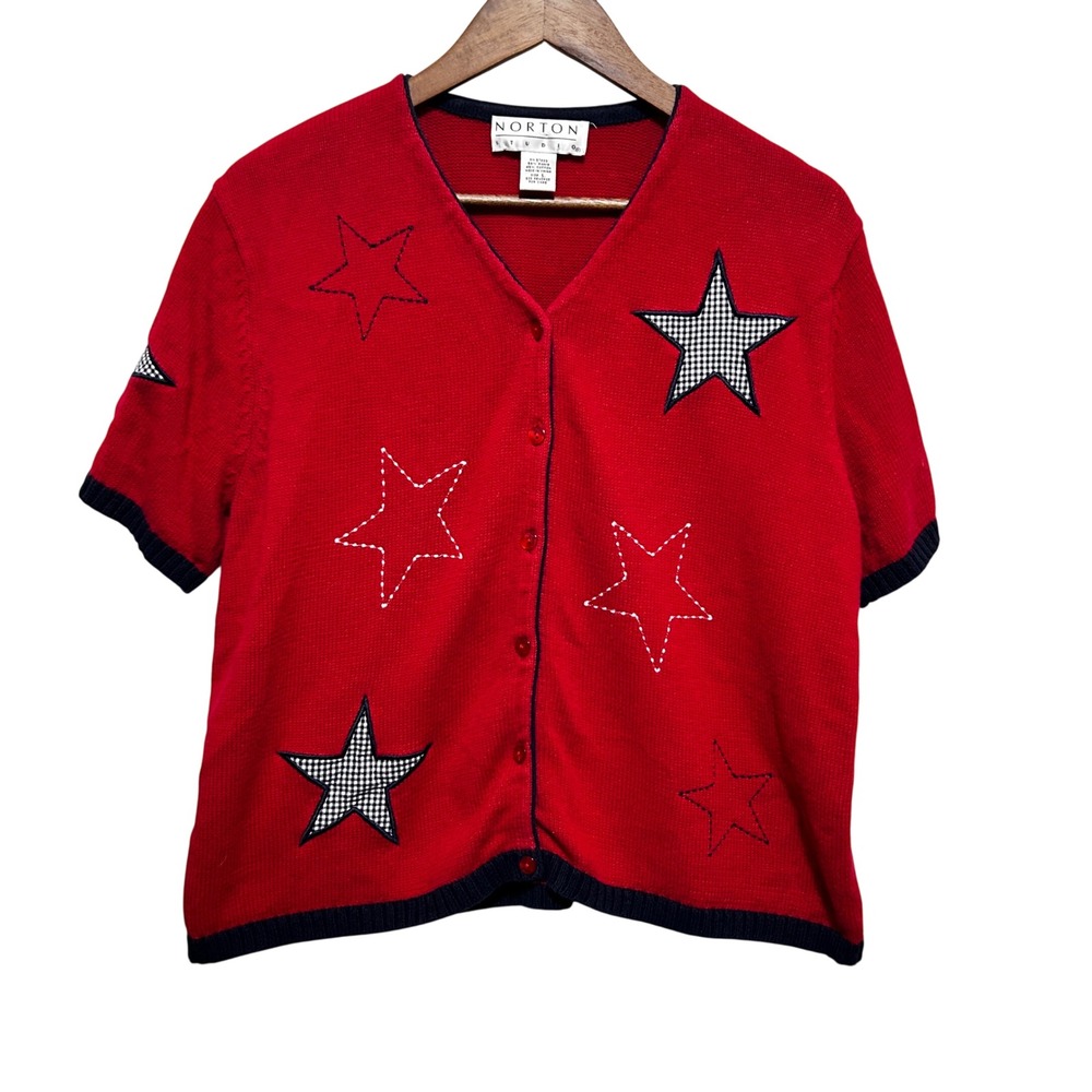 Vintage Norton Studio Women Americana Retro Cardigan L Star Patchwork Patriotic‎